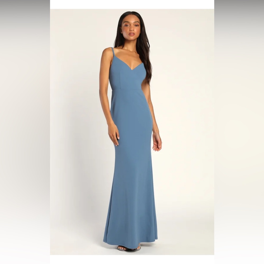 Lulus Moments Of Bliss Slate Blue Backless Mermaid Maxi Dress